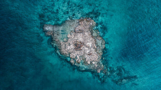 Abstract Aerial Art Plakát, Obraz - Drone shot of a rocky island, Broome, Australia, Abstract Aerial Art, 40 × 22.2 cm