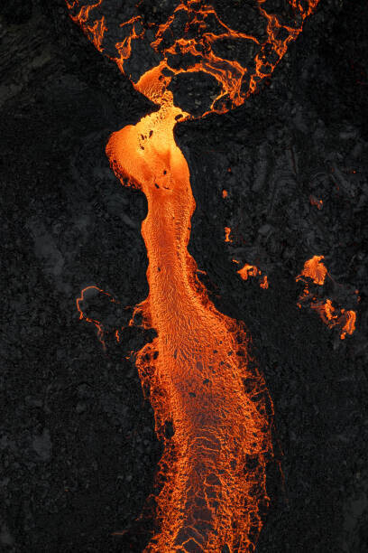 Abstract Aerial Art Plakát, Obraz - Drone image looking down on a lava river, Iceland, Abstract Aerial Art, 26.7 × 40 cm