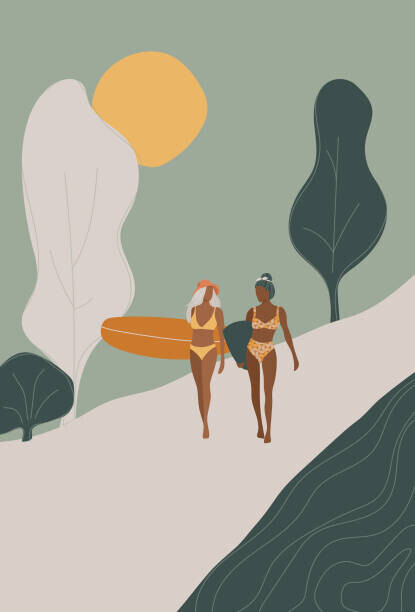 LucidSurf Plakát, Obraz - Surfer Girls walking with the surfboards, LucidSurf, 26.7 × 40 cm