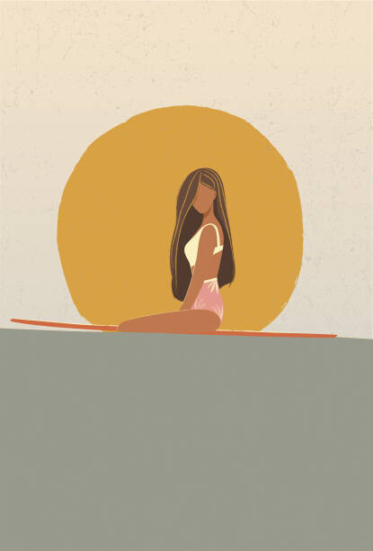 LucidSurf Plakát, Obraz - Surfer girl at sunset sitting on, LucidSurf, 26.7 × 40 cm