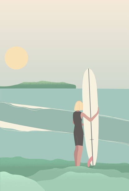 LucidSurf Plakát, Obraz - Surfer on the beach vintage retro style, LucidSurf, 26.7 × 40 cm