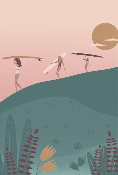 LucidSurf Plakát, Obraz - Surf girls walking with the longboards, LucidSurf, 26.7 × 40 cm