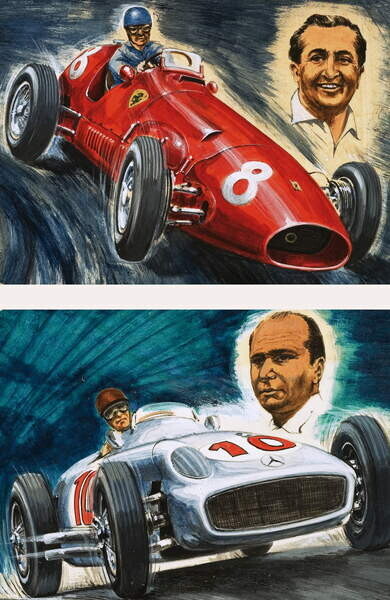 English School, Plakát, Obraz - Alberto Ascari driving a Maserati (top) and Juan Manuel Fangio driving a Mercedes-Benz, English School,, 26.7 × 40 cm