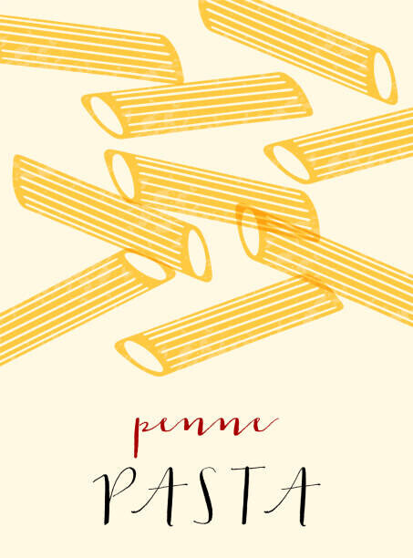 Alina Beketova Plakát, Obraz - Penne Italian pasta. Penne poster illustration., Alina Beketova, 30 × 40 cm