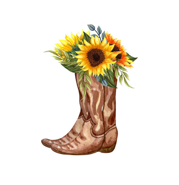 BarvArt Plakát, Obraz - Watercolor Flowers in boots. Cowboy boot, BarvArt, 40 × 40 cm