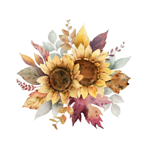 ElenaMedvedeva Plakát, Obraz - Watercolor vector autumn bouquet with sunflower,, ElenaMedvedeva, 40 × 40 cm