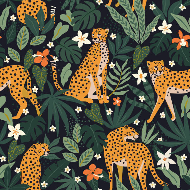 Angelina Bambina Plakát, Obraz - Leopards, flowers, and tropical leaves on, Angelina Bambina, 40 × 40 cm
