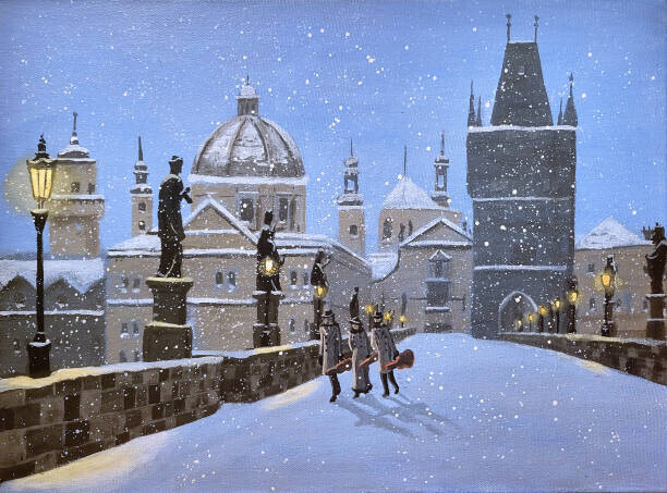 Dave Rheaume Artist Plakát, Obraz - Prague Musicians Cross the Karluv Most, Dave Rheaume Artist, 40 × 30 cm