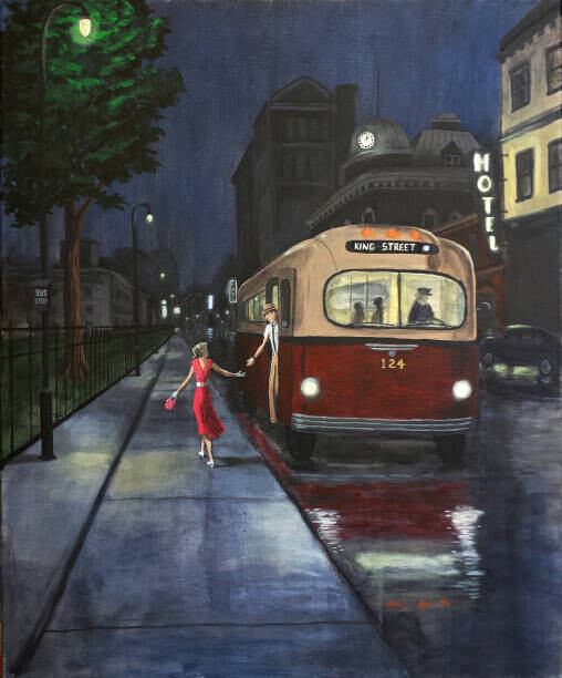 Dave Rheaume Artist Plakát, Obraz - 50s Couple Exits Bus at Night., Dave Rheaume Artist, 33.2 × 40 cm