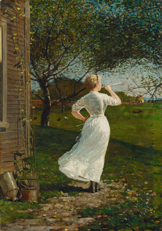 Winslow Homer Plakát, Obraz - Blowing the Horn at Seaside (1870), Winslow Homer, 26.7 × 40 cm