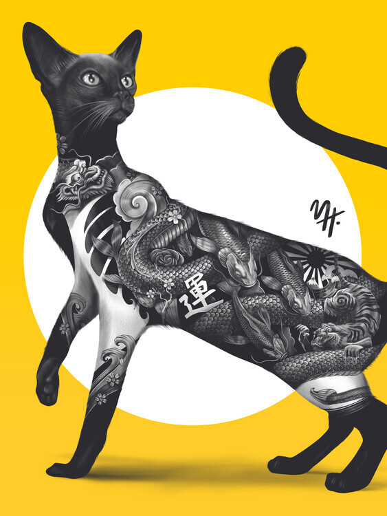 Mark Harrison Plakát, Obraz - Japanese Cat Tattoo Yellow, Mark Harrison, 30 × 40 cm