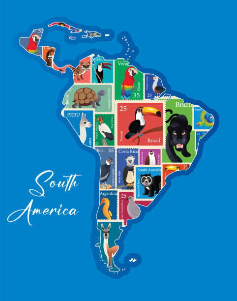 drmakkoy Plakát, Obraz - South America Animals Stamp Map, drmakkoy, 30 × 40 cm