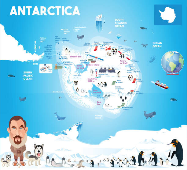 drmakkoy Plakát, Obraz - Map of Antarctica with Penguins and, drmakkoy, 40 × 40 cm