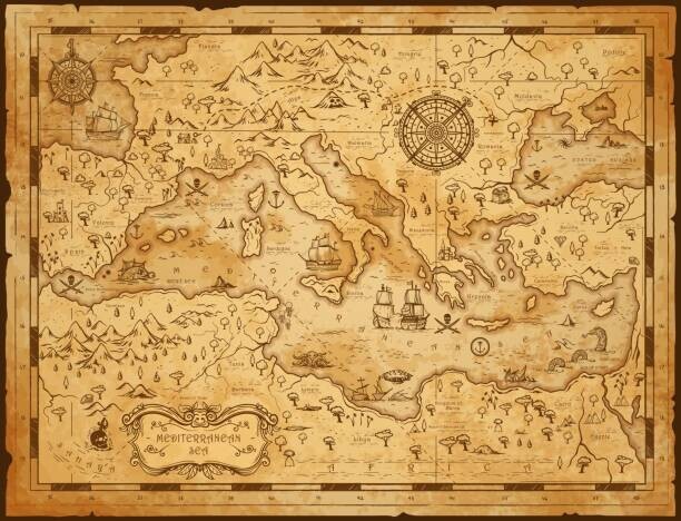 seamartini Plakát, Obraz - Old vintage map of Mediterranean sea, pirate sail, seamartini, 40 × 30 cm