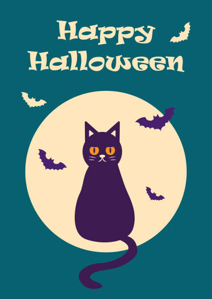 Irina Nurtdinova Plakát, Obraz - Happy Halloween postcard with a cat, Irina Nurtdinova, 30 × 40 cm