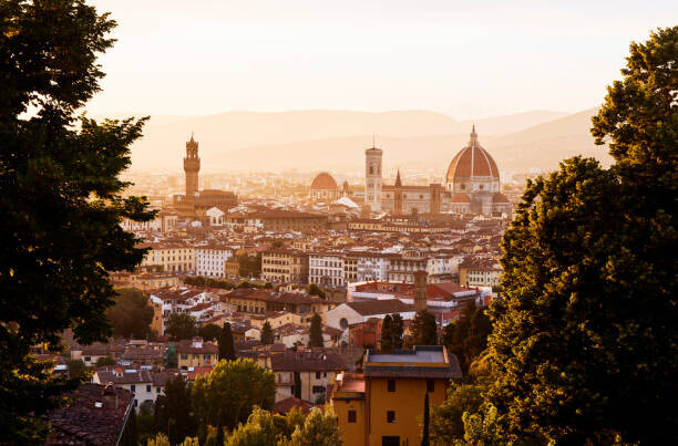 Gary Yeowell Plakát, Obraz - Elevated view over the city of Florence at sunset, Gary Yeowell, 40 × 26.7 cm