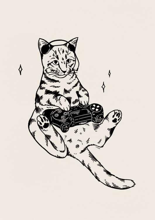 Tara Royle Plakát, Obraz - Gaming Cat in black, Tara Royle, 30 × 40 cm