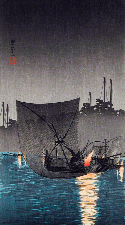 Hiroaki Takahashi Plakát, Obraz - Tsukuda Island, Fishing Nets at Night (1936), Hiroaki Takahashi, 22.2 × 40 cm