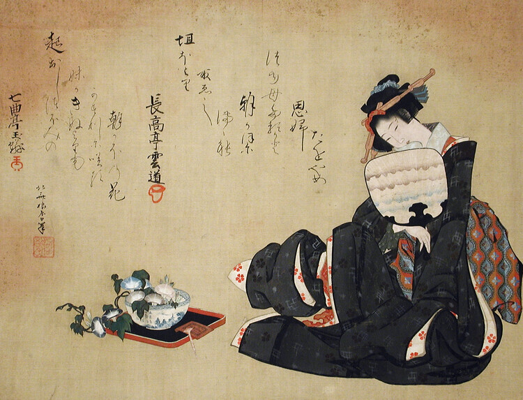 Katsushika Hokusai Plakát, Obraz - Woman with Morning Glories, Katsushika Hokusai, 40 × 30 cm