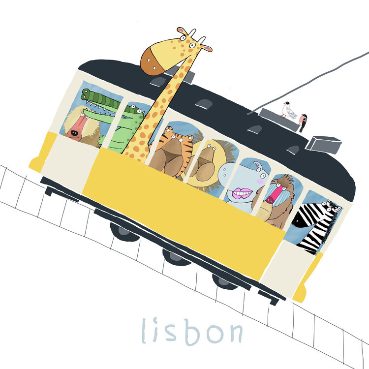 Carla Daly Plakát, Obraz - Famous Lisbon Tram with Jungle Animals, Carla Daly, 40 × 40 cm
