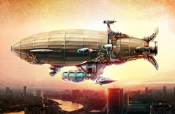 Rustic Plakát, Obraz - Dirigible balloon in the sky over a city, Rustic, 40 × 26.7 cm