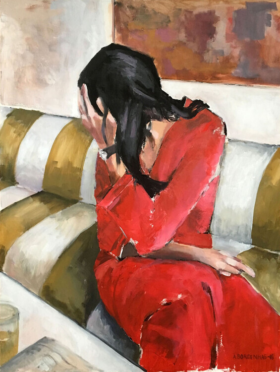 Borgenhag Holmqvist Plakát, Obraz - Woman In A Red Dress Sits On A Sofa, Borgenhag Holmqvist, 30 × 40 cm