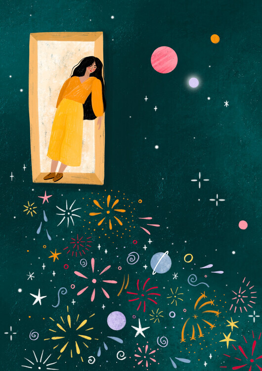 Bea Muller Plakát, Obraz - Yellow Dress Leans From A Window, Bea Muller, 30 × 40 cm