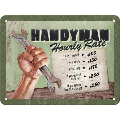 Postershop Plechová cedule Handyman - Hourly rate, 20 x 15 cm