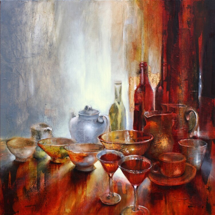 Annette Schmucker Plakát, Obraz - Still life with a grey teapot, Annette Schmucker, 40 × 40 cm