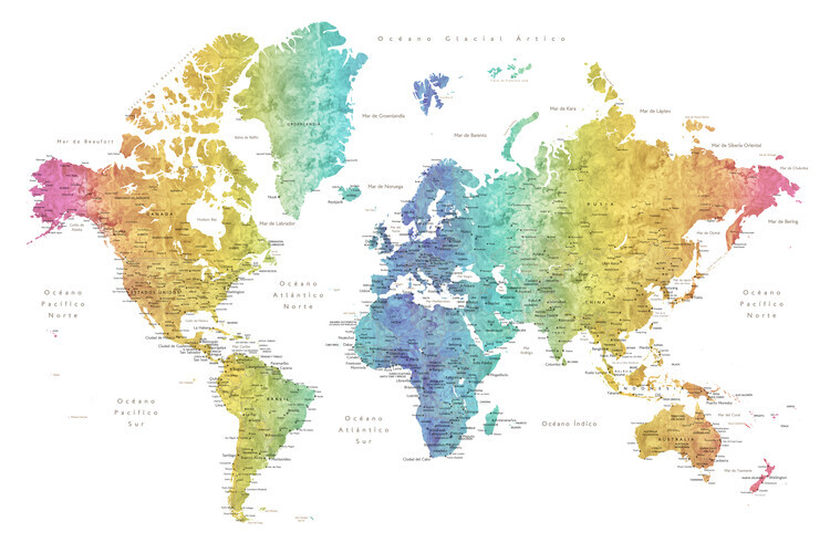 Blursbyai Plakát, Obraz - World map with labels in Spanish, rainbow watercolor, Blursbyai, 40 × 26.7 cm