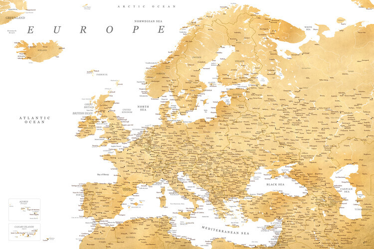 Blursbyai Plakát, Obraz - Detailed map of Europe in gold, Blursbyai, 40 × 26.7 cm