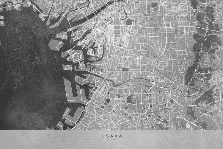 Blursbyai Plakát, Obraz - Map of Osaka, Japan, in gray vintage style, Blursbyai, 40 × 26.7 cm