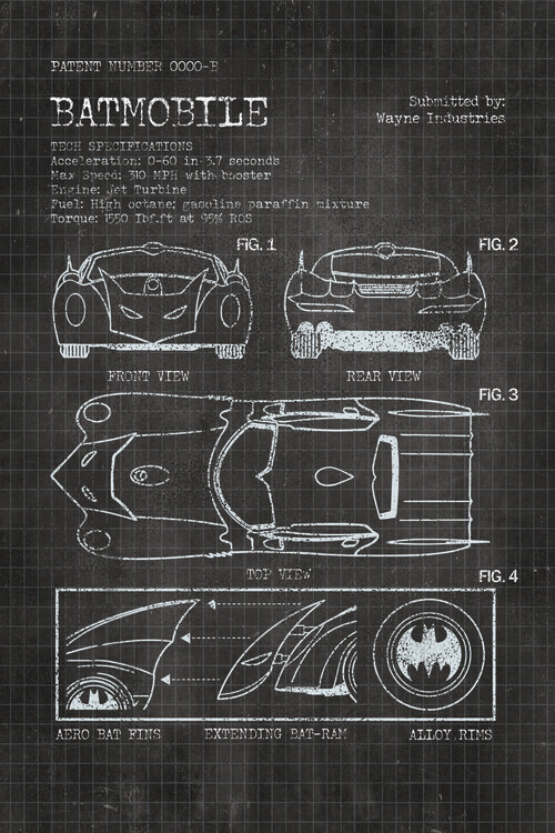 Europosters Plakát, Obraz - Batmobile - Tech Specifications, 26.7 × 40 cm