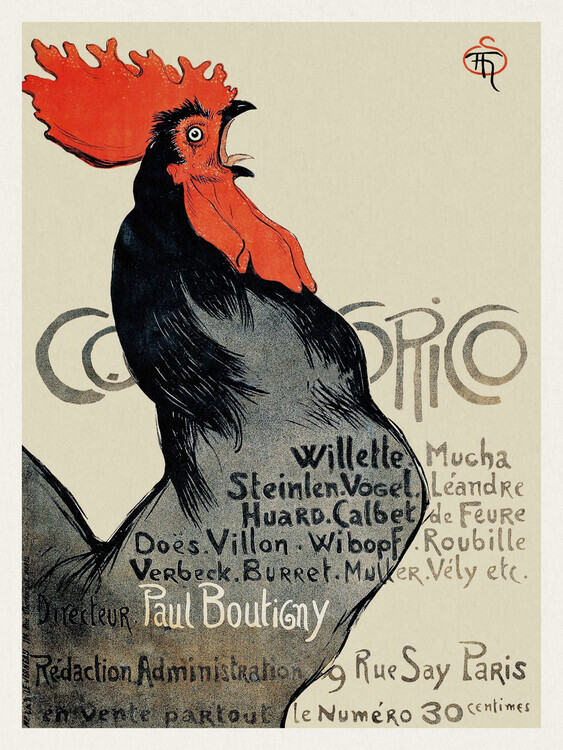 Théophile Steinlen Plakát, Obraz - Cocorico, Vintage Rooster, Théophile Steinlen, 30 × 40 cm