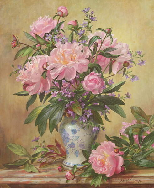 Williams, Albert Plakát, Obraz - AB/302 Vase of Peonies and Canterbury Bells, Williams, Albert, 32.8 × 40 cm