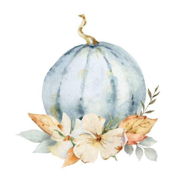 ElenaMedvedeva Plakát, Obraz - A watercolor vector postcard for Thanksgiving, a greeting arrangement with colorful pumpkins, autumn branches and leaves isolated on white 
background., ElenaMedvedeva, 40 × 40 cm