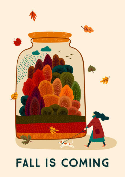 Nadezda_Grapes Plakát, Obraz - Autumn illustration with cute woman and dog. Vector design, Nadezda_Grapes, 30 × 40 cm