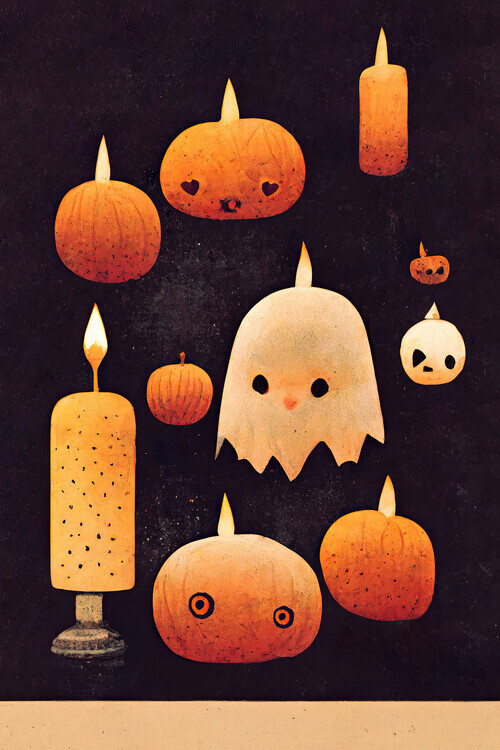 Treechild Plakát, Obraz - Candles, Pumpkins And A Ghost, Treechild, 26.7 × 40 cm