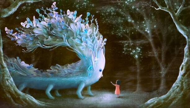 Jorm Sangsorn Plakát, Obraz - Fantasy scene girl with blue giant, Jorm Sangsorn, 40 × 22.2 cm