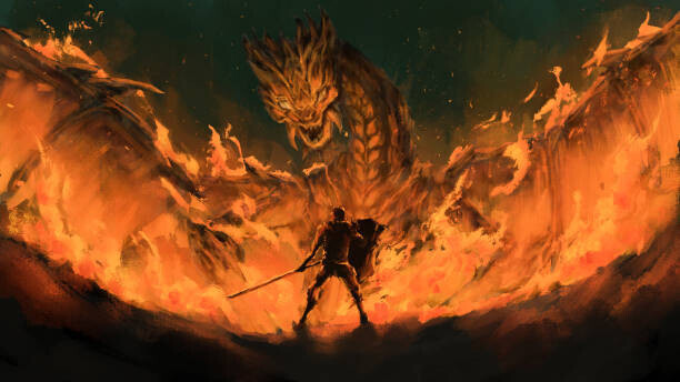 Wachirawit Thongrong Plakát, Obraz - warrior standing confront dragon in the, Wachirawit Thongrong, 40 × 22.2 cm