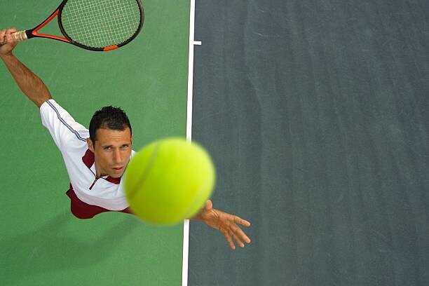 Enrico Calderoni / Aflo Plakát, Obraz - Top View of Male Tennis Player Mid-Serve, Enrico Calderoni / Aflo, 40 × 26.7 cm