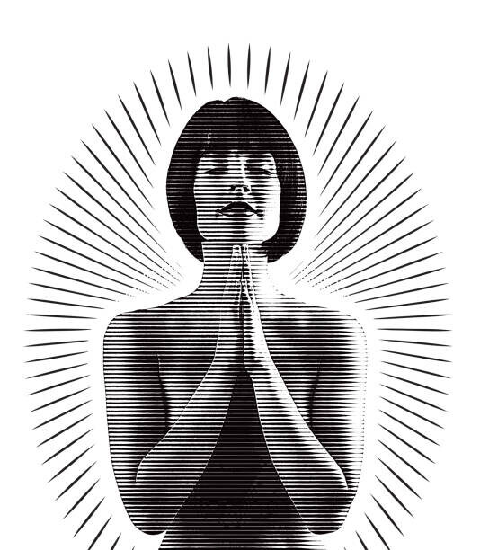 GeorgePeters Plakát, Obraz - Beautiful woman praying with sunbeams, GeorgePeters, 34.9 × 40 cm