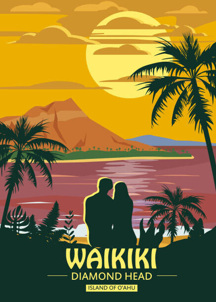VectorUp Plakát, Obraz - Waikiki island of O ahu Retro, VectorUp, 30 × 40 cm