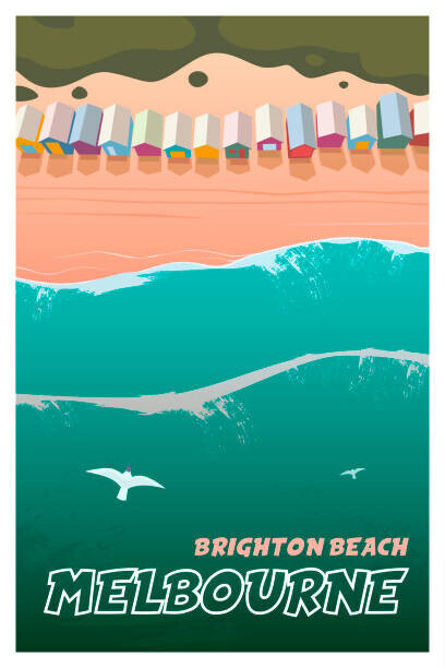 Mikalai Manyshau Plakát, Obraz - Melbourne. Vector travel poster Brighton beach, Mikalai Manyshau, 26.7 × 40 cm