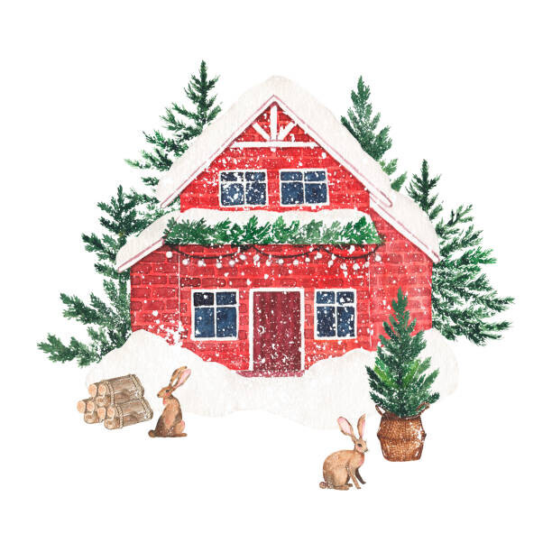 Madina Asileva Plakát, Obraz - Watercolor winter cozy snowy house with, Madina Asileva, 40 × 40 cm