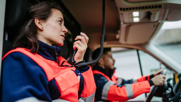 Halfpoint Images Plakát, Obraz - Rescuers sitting in ambulance, preparing for, Halfpoint Images, 40 × 22.2 cm