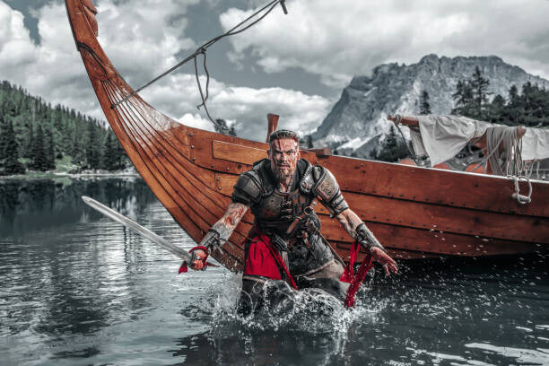 Lorado Plakát, Obraz - Viking Warrior sailing on a fjord, Lorado, 40 × 26.7 cm