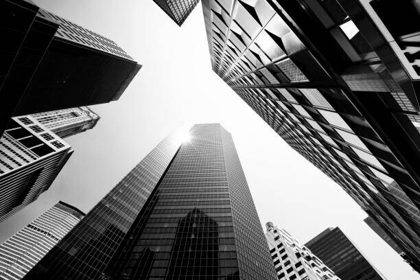 Lisa-Blue Plakát, Obraz - Skyscrapers from Below, Lower Manhattan., Lisa-Blue, 40 × 26.7 cm