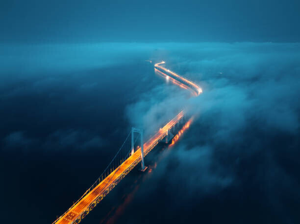 shunli zhao Plakát, Obraz - A cross-sea bridge in the fog at night, shunli zhao, 40 × 30 cm