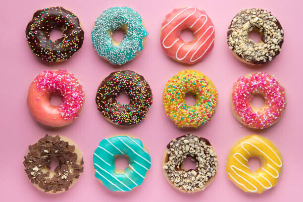 Alexandra Fedorova Plakát, Obraz - Colorful sweet background. Delicious glazed donuts, Alexandra Fedorova, 40 × 26.7 cm